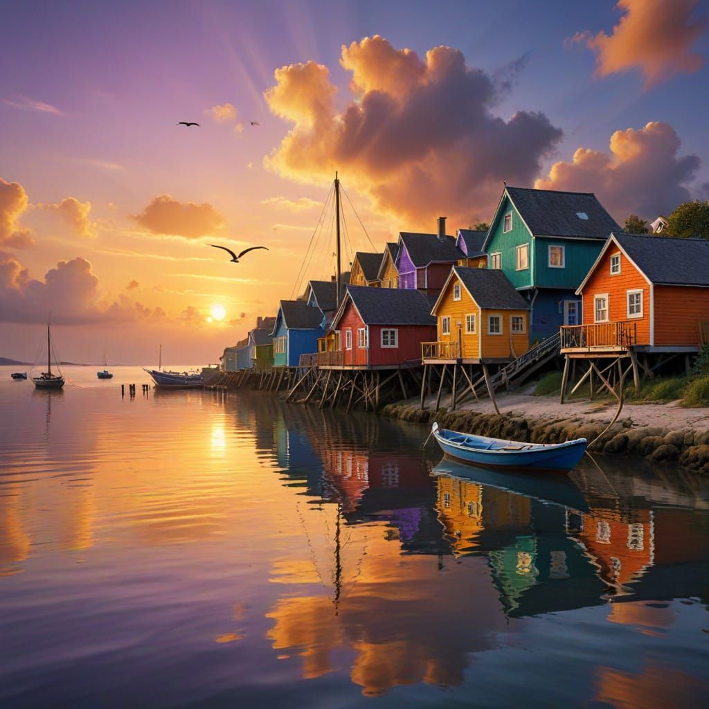Coastal Village at Sunset in Vibrant Colors