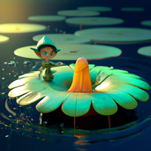 Elf on Lilypad Raft: 3D Digital Art