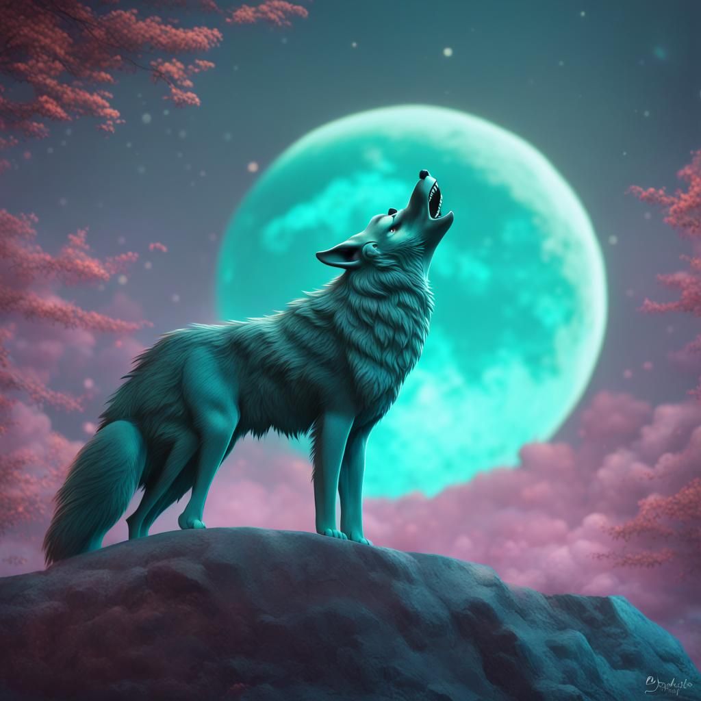 Mystical Teal Wolf Howling: 3D Digital Art