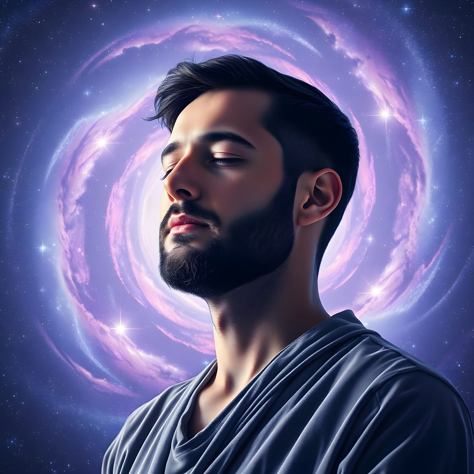 Meditative Man Merging With Galaxy in Cosmic Surrealism
