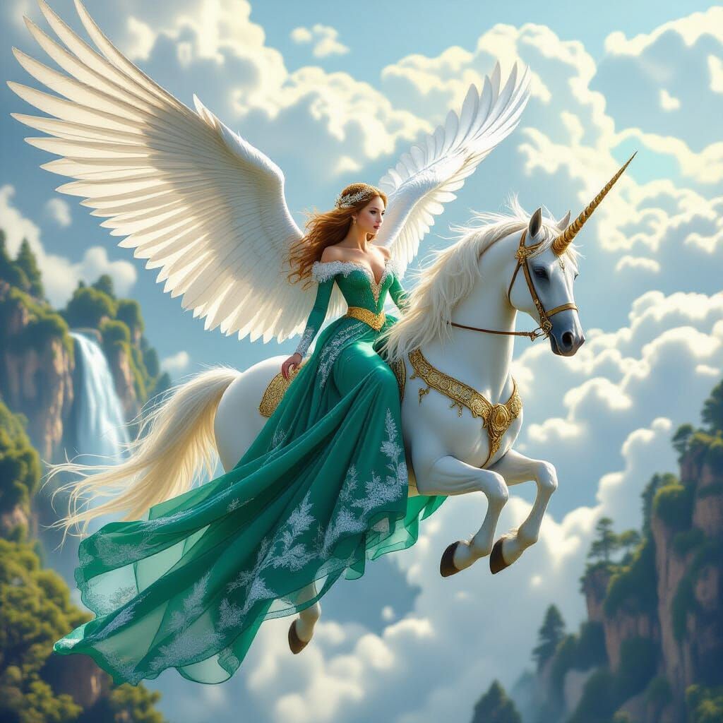 Woman on Pegasus Soaring Over Mystical Forest