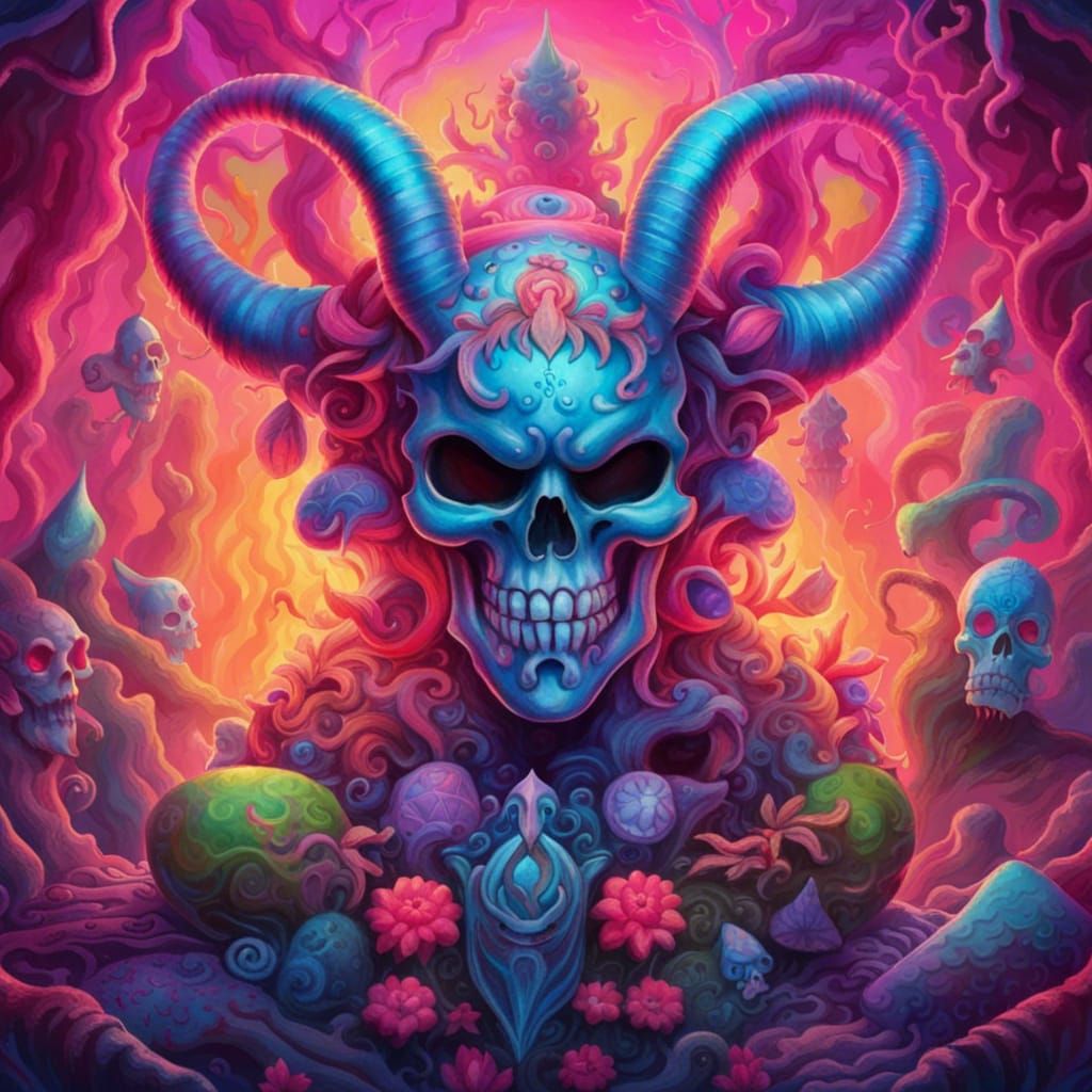 Psychedelic Satanic Skull in Fairytale Hellscape