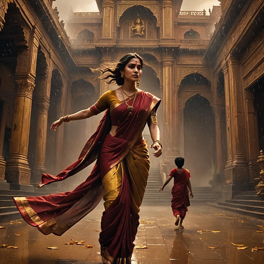 Anguished Mother Reaches for Son in Stormy Landscape