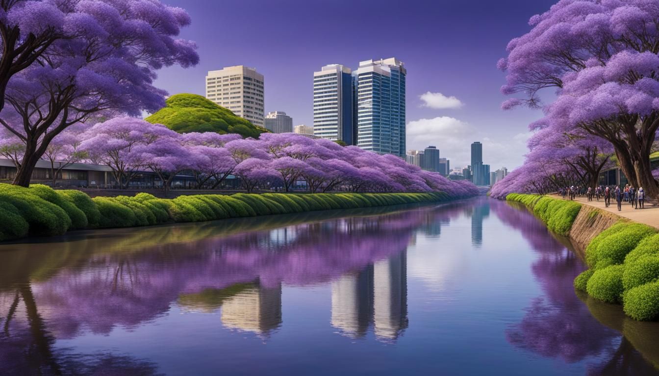 Jacaranda Trees Reflecting in River: Digital Painting
