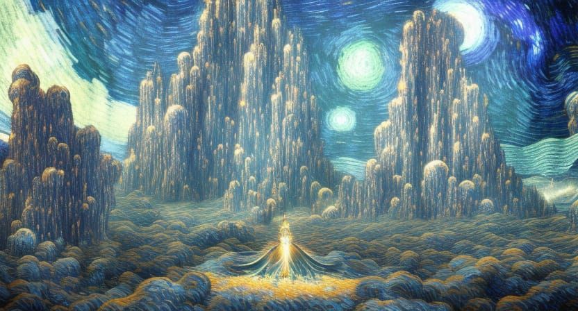 Monolith Surrounded by Luminous Crystals in Digital Art