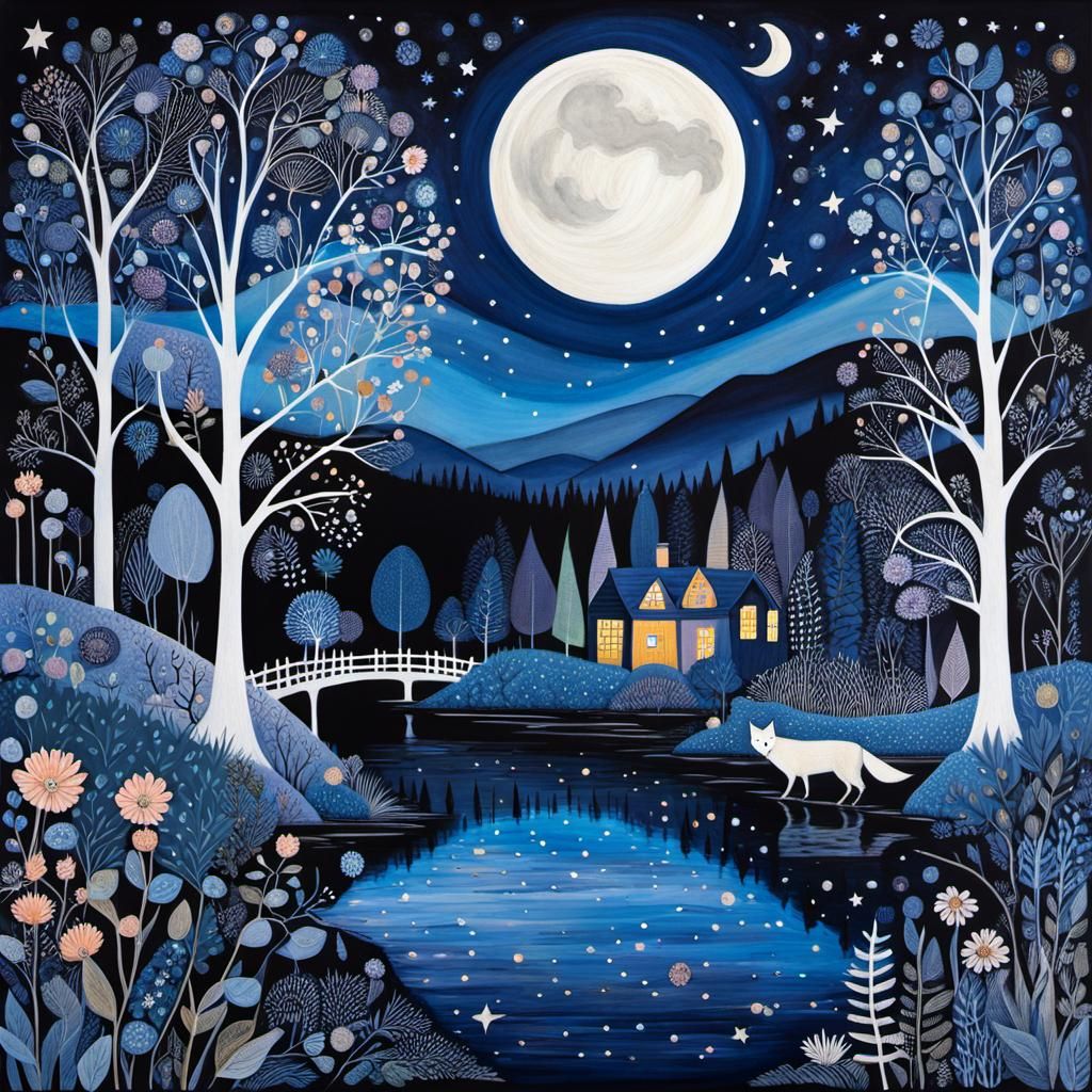 Indigo Midnight Forest Landscape in Art Brut Style