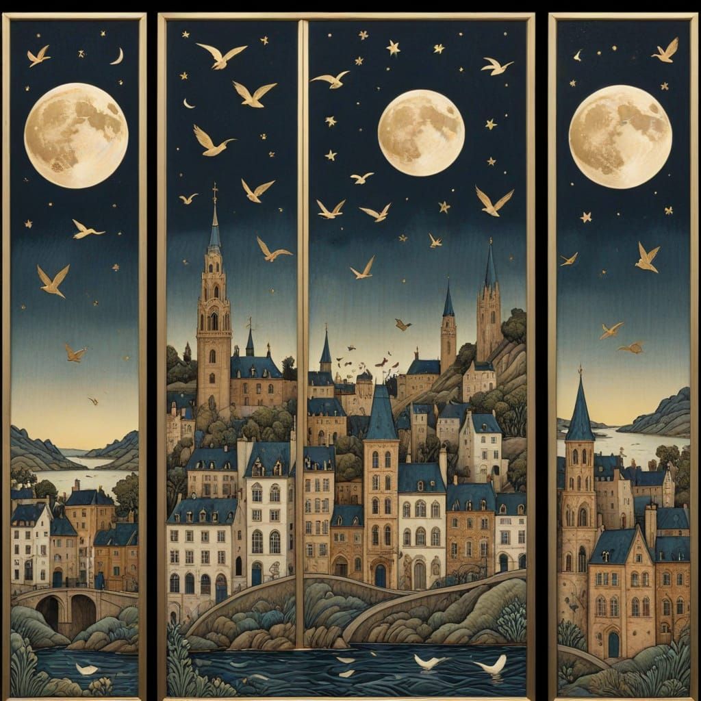 Fantasy Cityscape with Birds in Art Nouveau Style