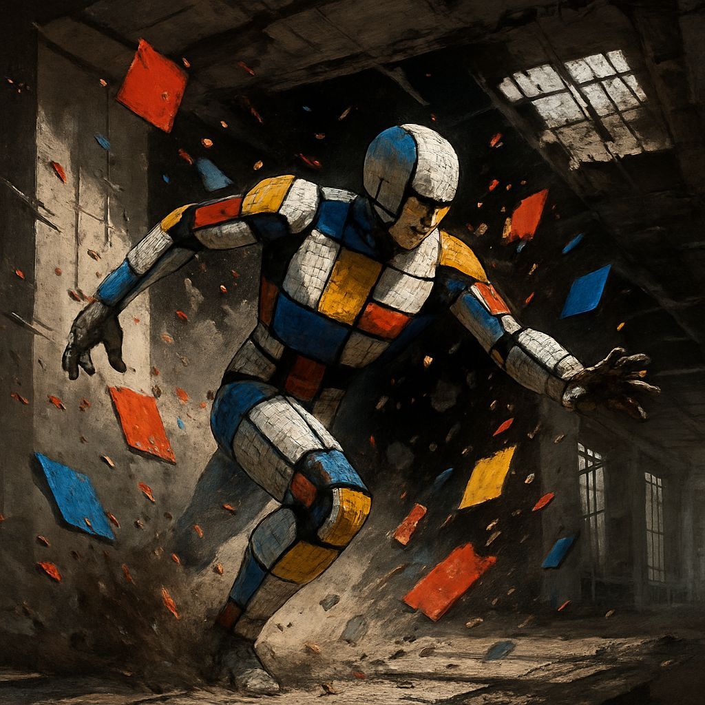 Modular Humanoid Breaks Through Brutalist Corridor