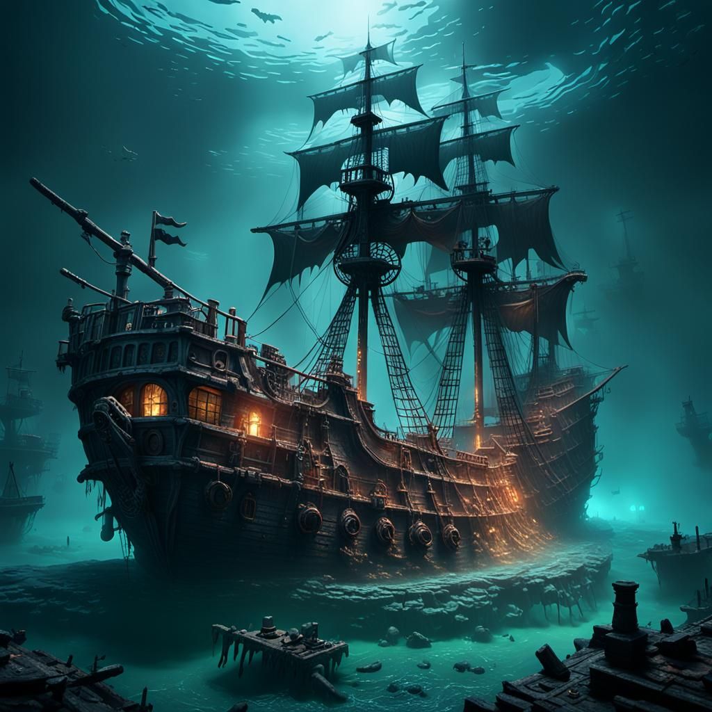 Sunken Pirate Ship with Apparitions in Dark Fantasy Style