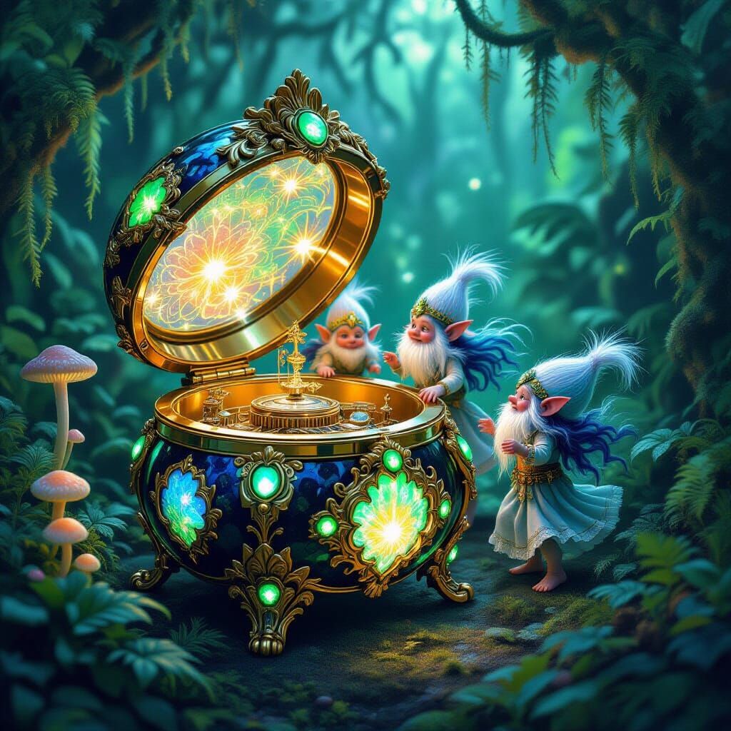 Ornate Music Box in Bioluminescent Jungle