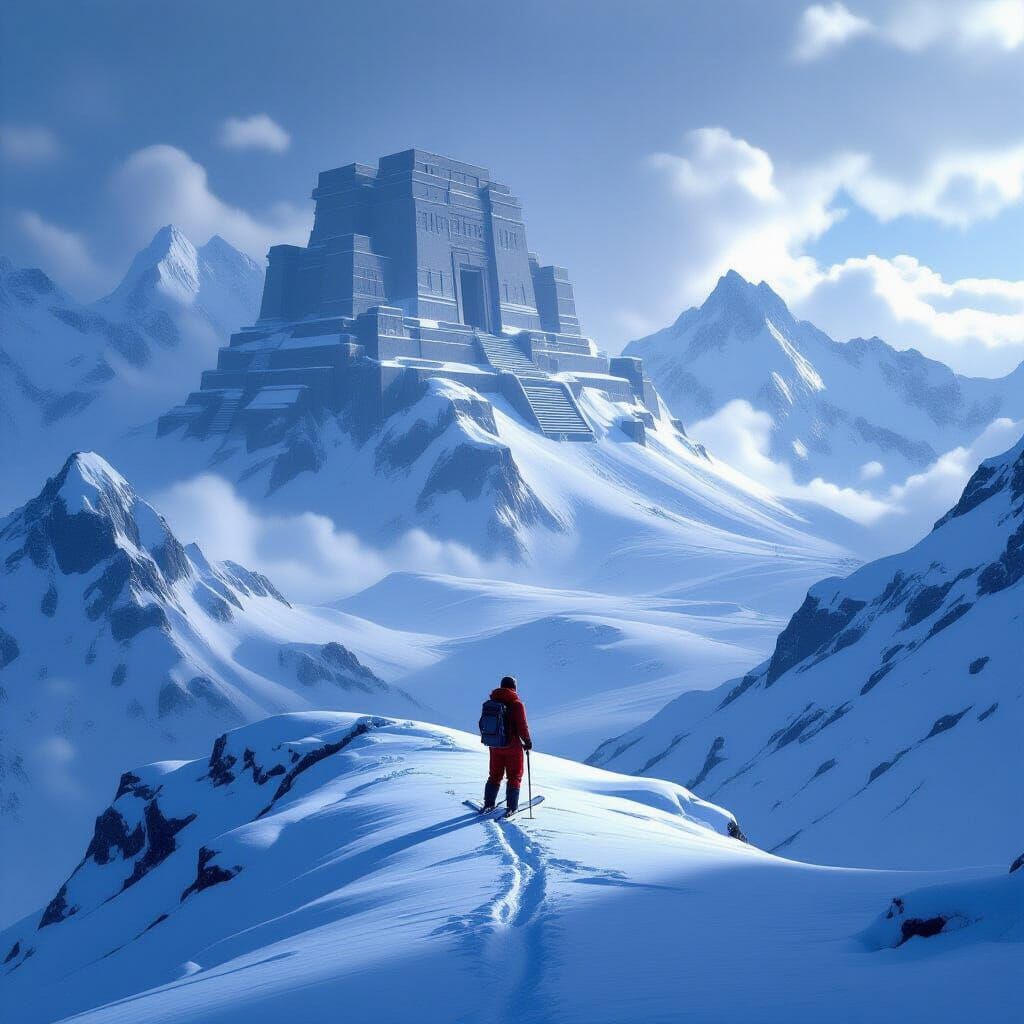 Skier Gazes at Ancient Ruin on Snowy Peak