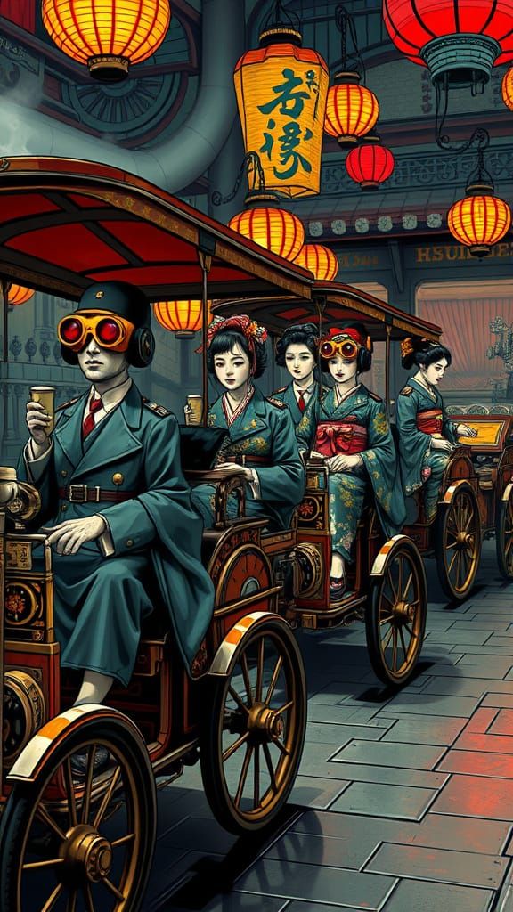 Steampunk Rickshaws with Japanese Cyberpunk Fusion