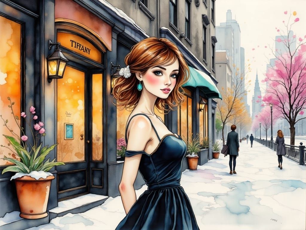 Woman with Sapphire Necklace Outside Tiffany's