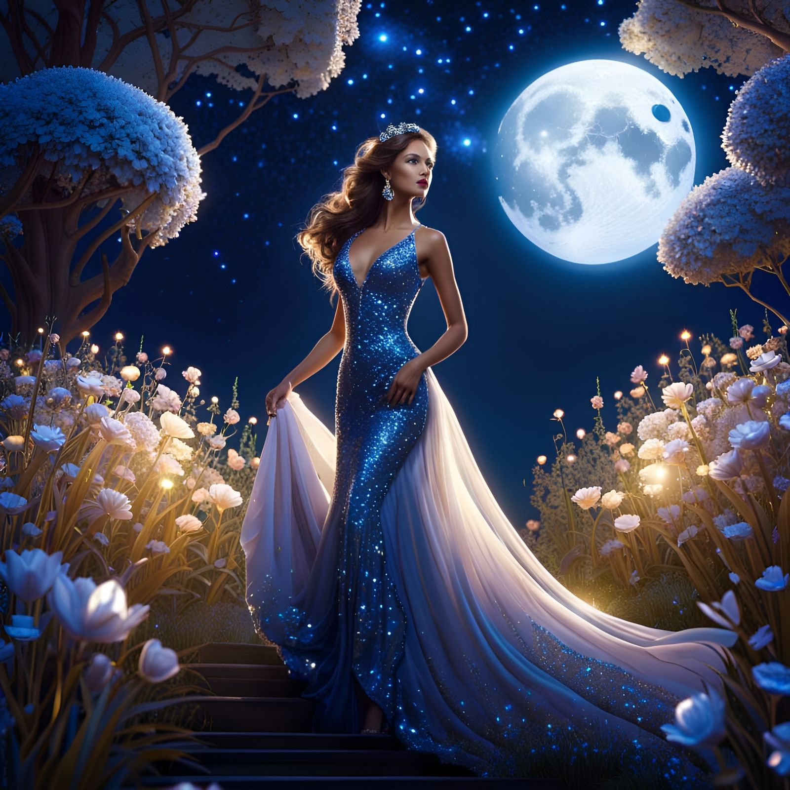 Glittering Woman in Moonlit Glade, Ethereal Acrylic Painting