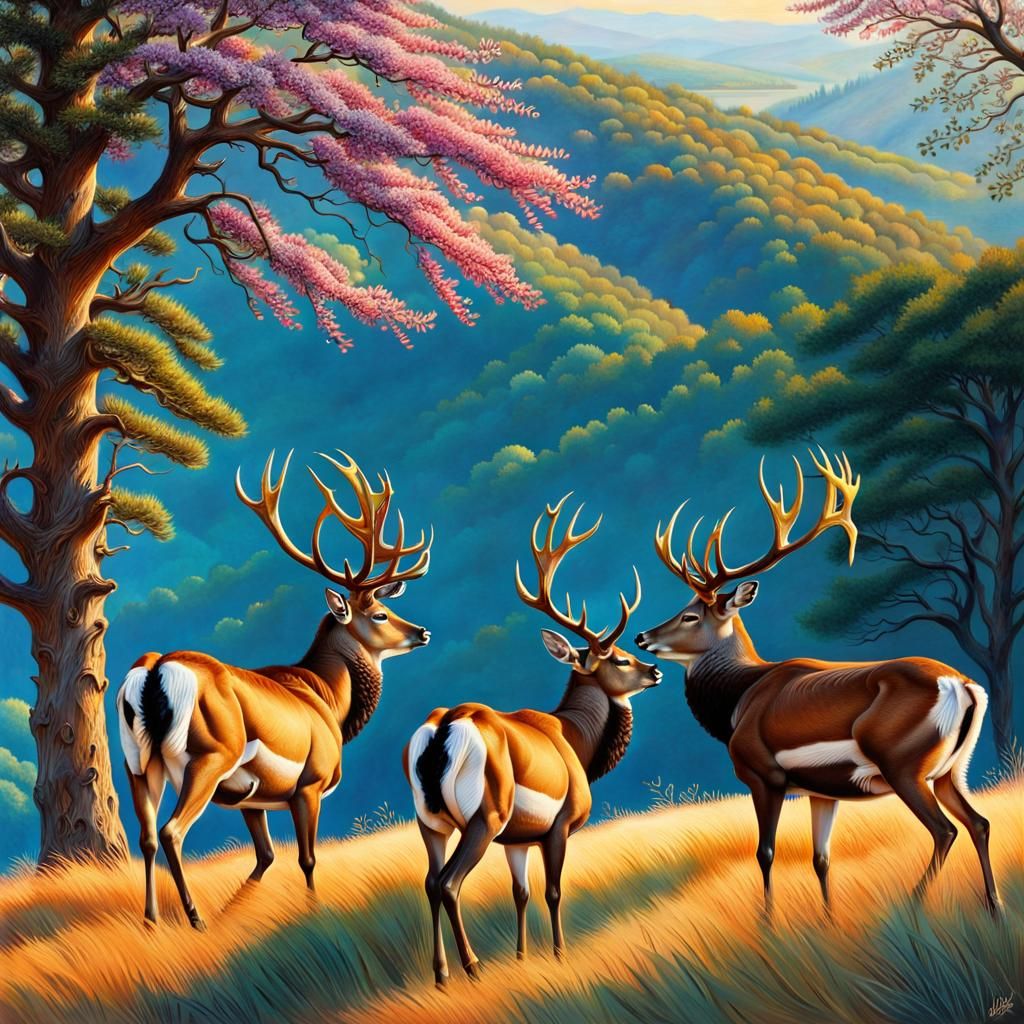 Fallow Deer Antler Fight in Spring Field, Hyperrealism