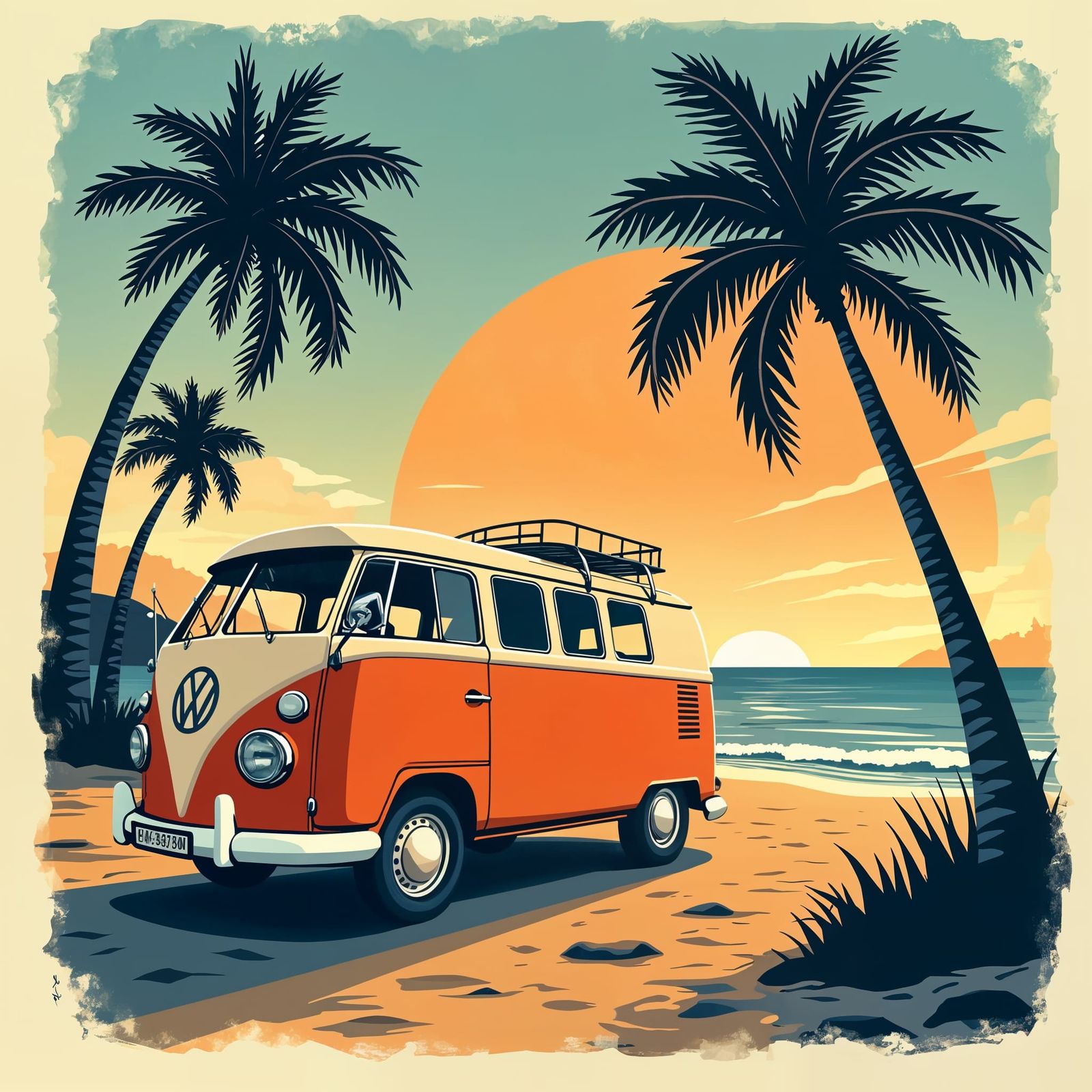 Vintage VW Camper Van Sunset Silhouette Art