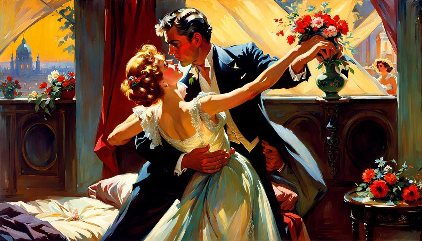 Romantic Bedroom Dance: Vintage Painting Interpretation