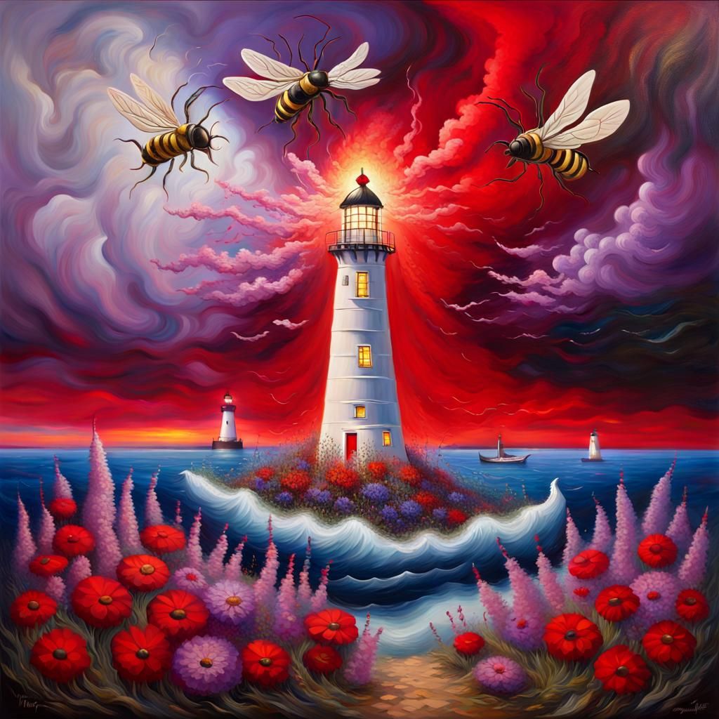 Wasps are chasing flowers in  a lighthouse landscape..