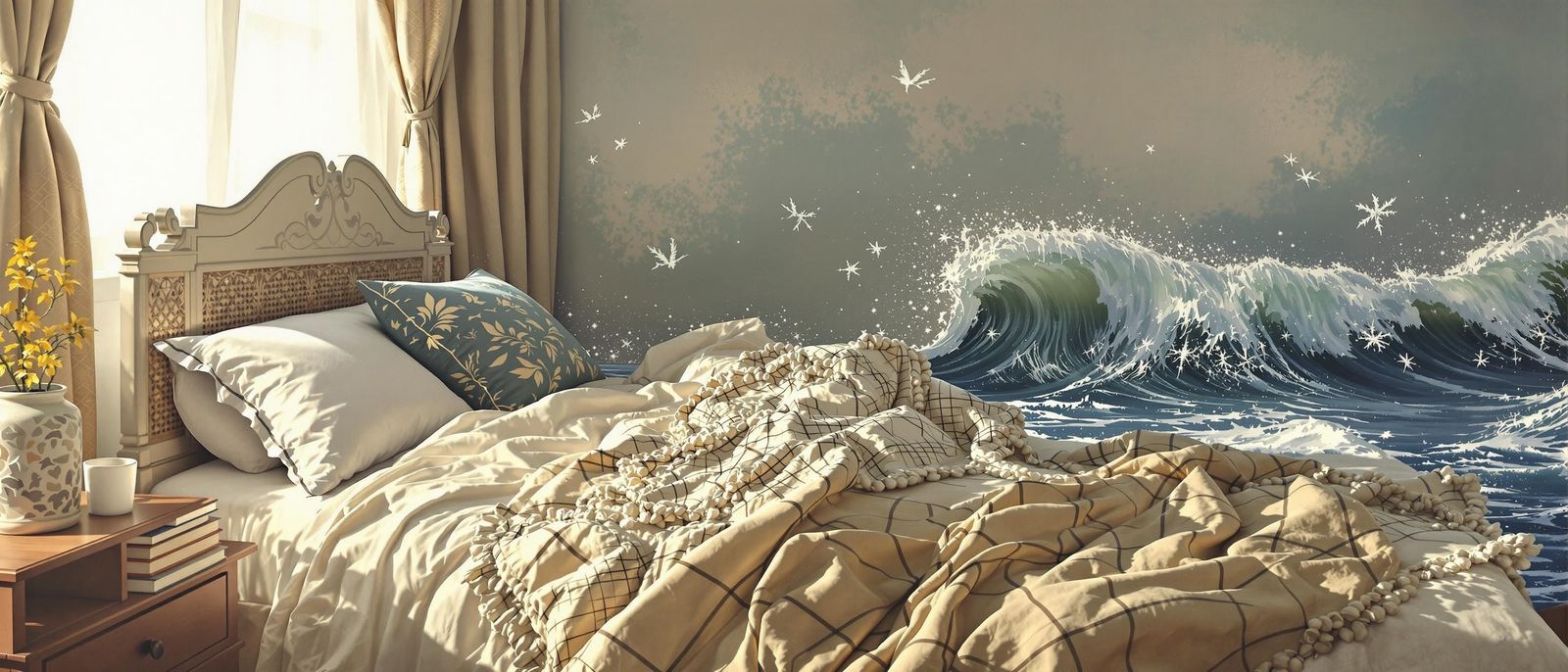 Surreal Bed Scene with Fading Footprints