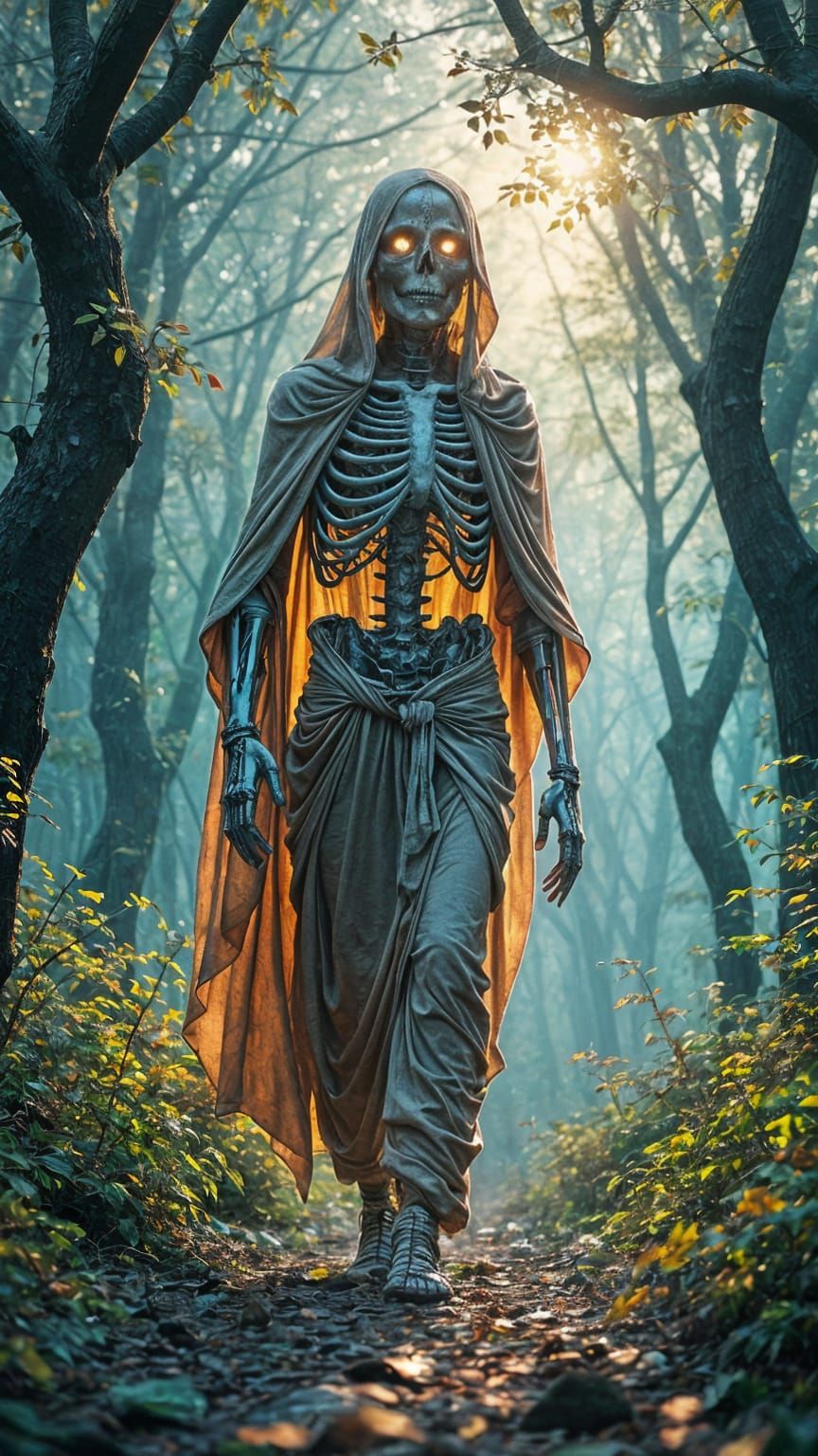 Skeleton Walks Through Enchanted Forest at Sunset