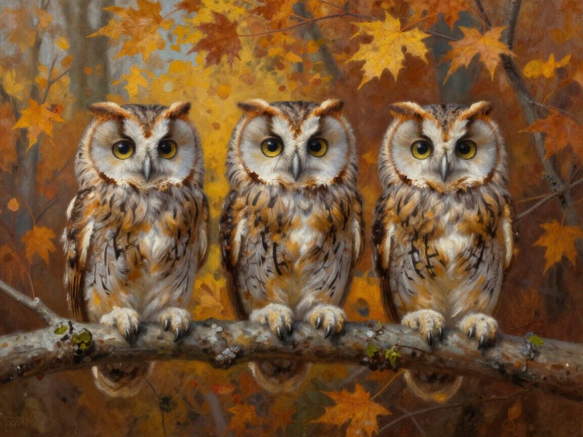 Autumn Owlets Perched on Branch, Oil Painting