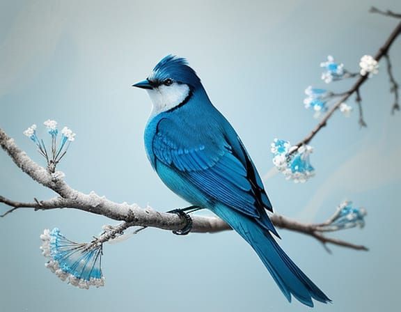 Ethereal Cyanotype Blue Bird on Branch