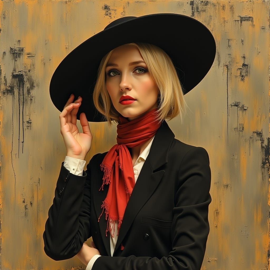 Elegant Woman in Red Scarf, Dark Oil Painting