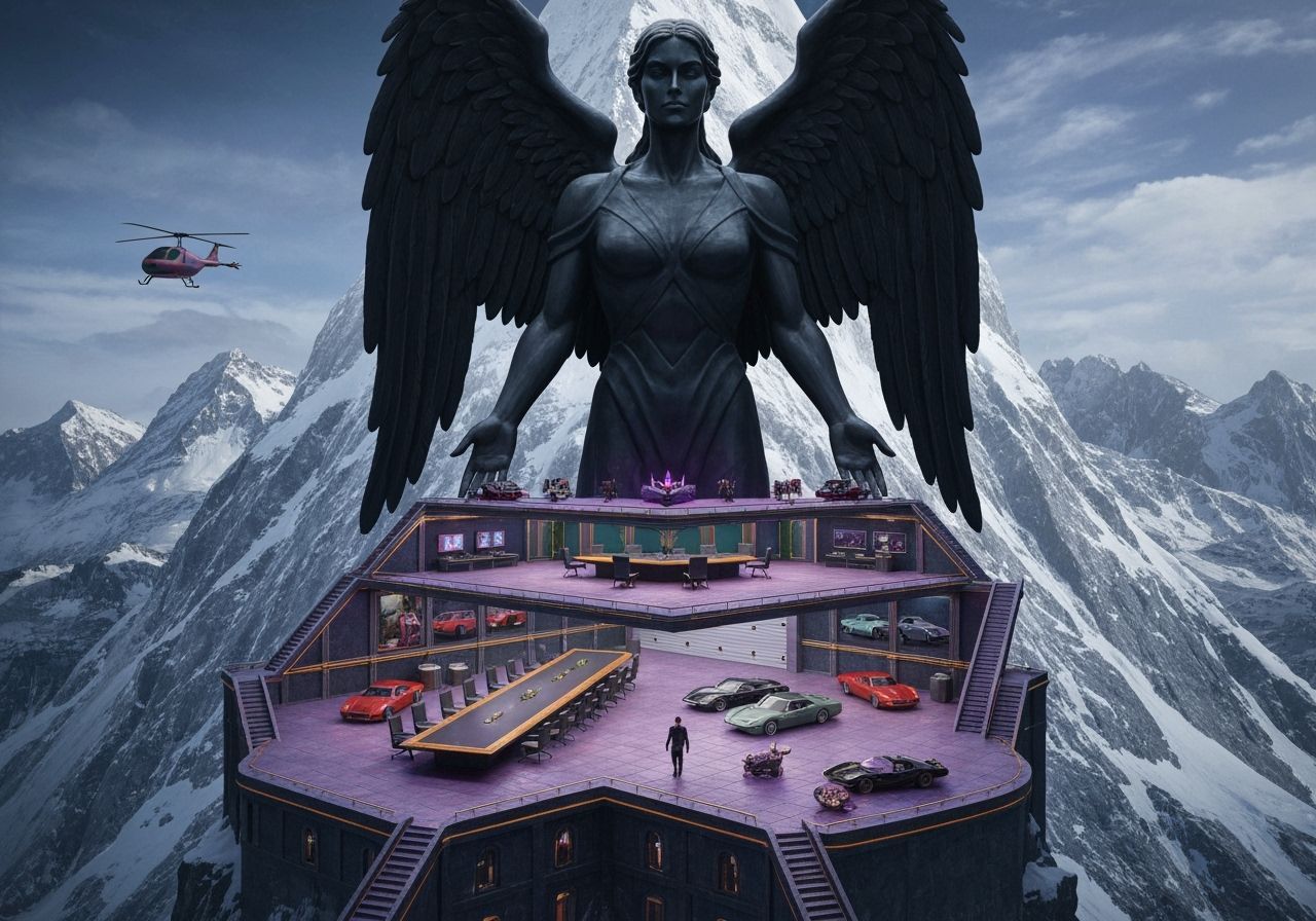 Villain Headquarters Inside Giant Black Angel Statue on Snow...