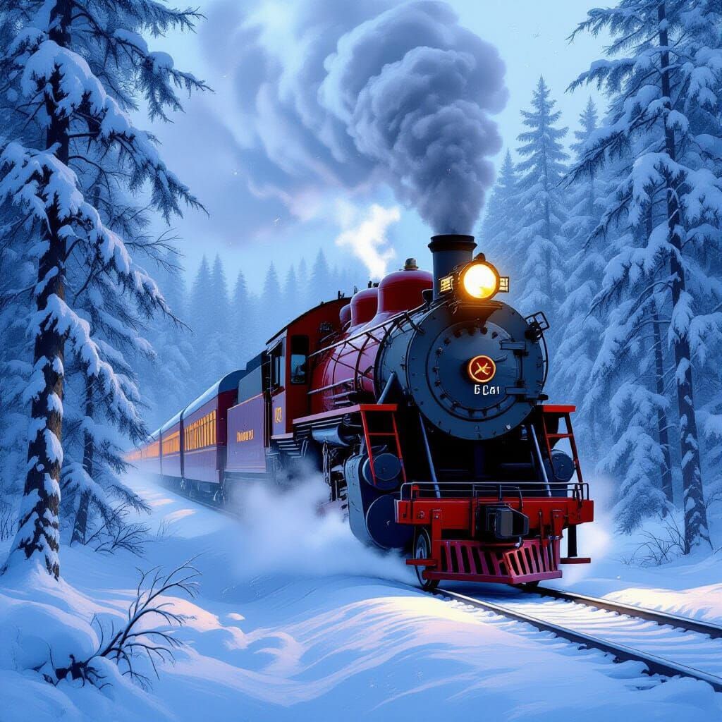 Red Steam Train in Snowy Forest Landscape
