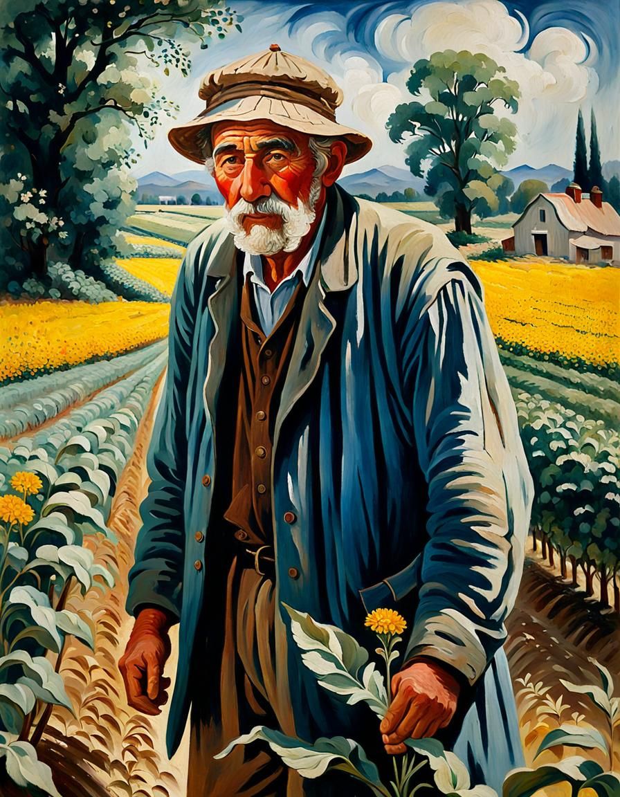 Painting depicting an old peasant man from the 18th century, in the middle of his crops, showing his face covered in swe...