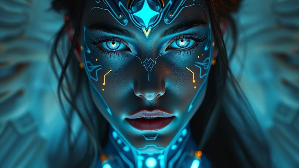 Ethereal Angel Woman in Cyberpunk Style