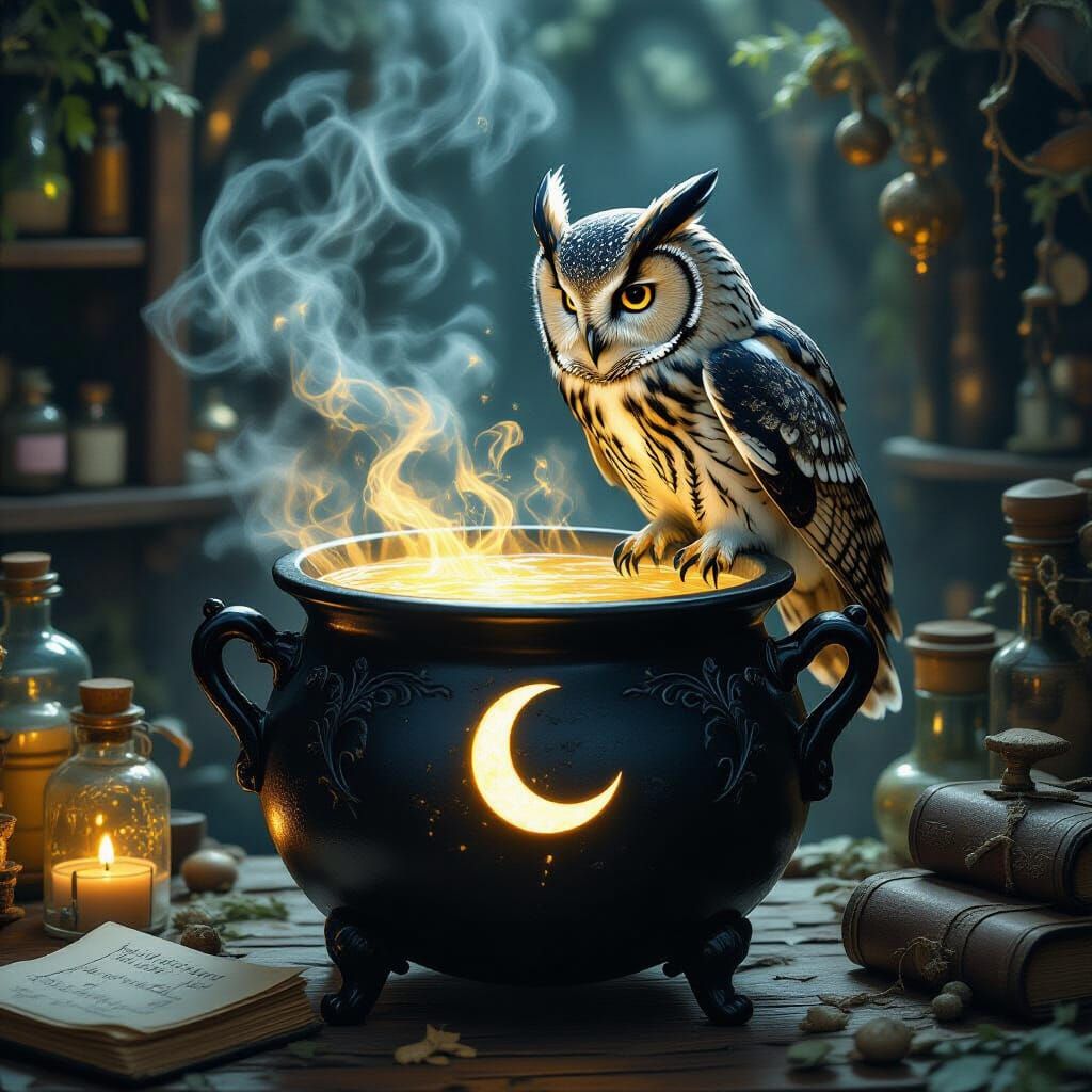 Mystical Apothecary Scene with Ornate Cauldron