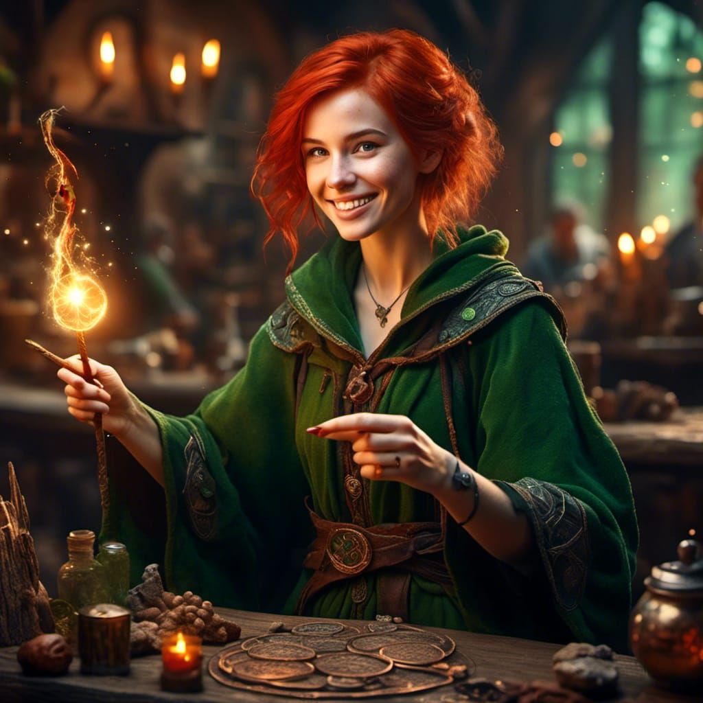 Young Female Wizard with Wand in Tavern