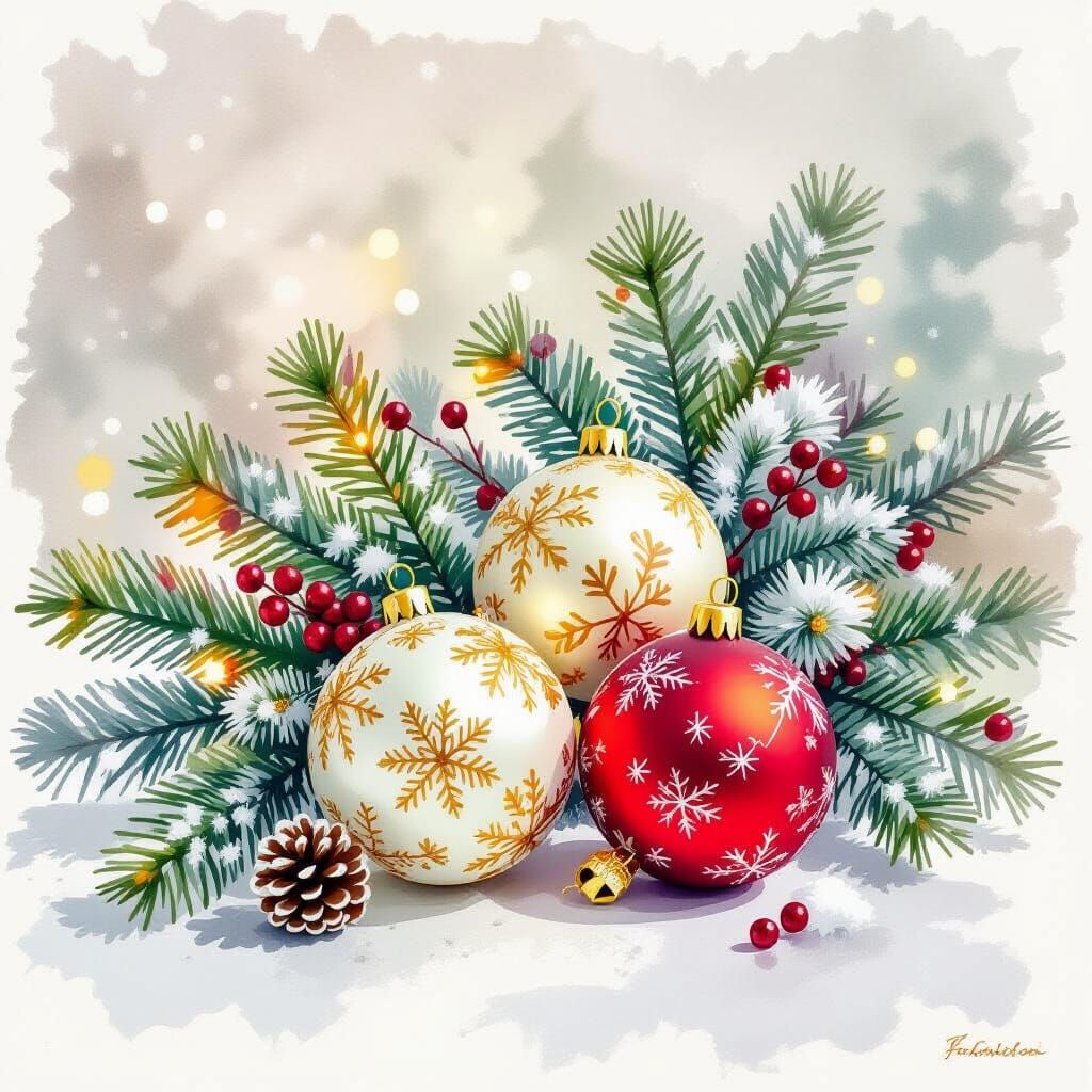 Delicate Watercolor Still Life: Christmas Balls & Fir Branch...