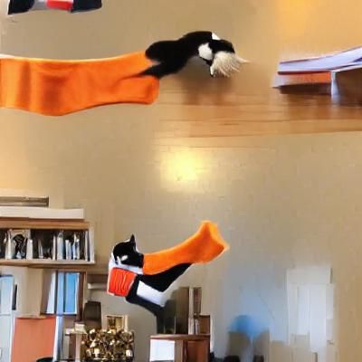Tuxedo Cat's Graceful Leap Over Orange Sock