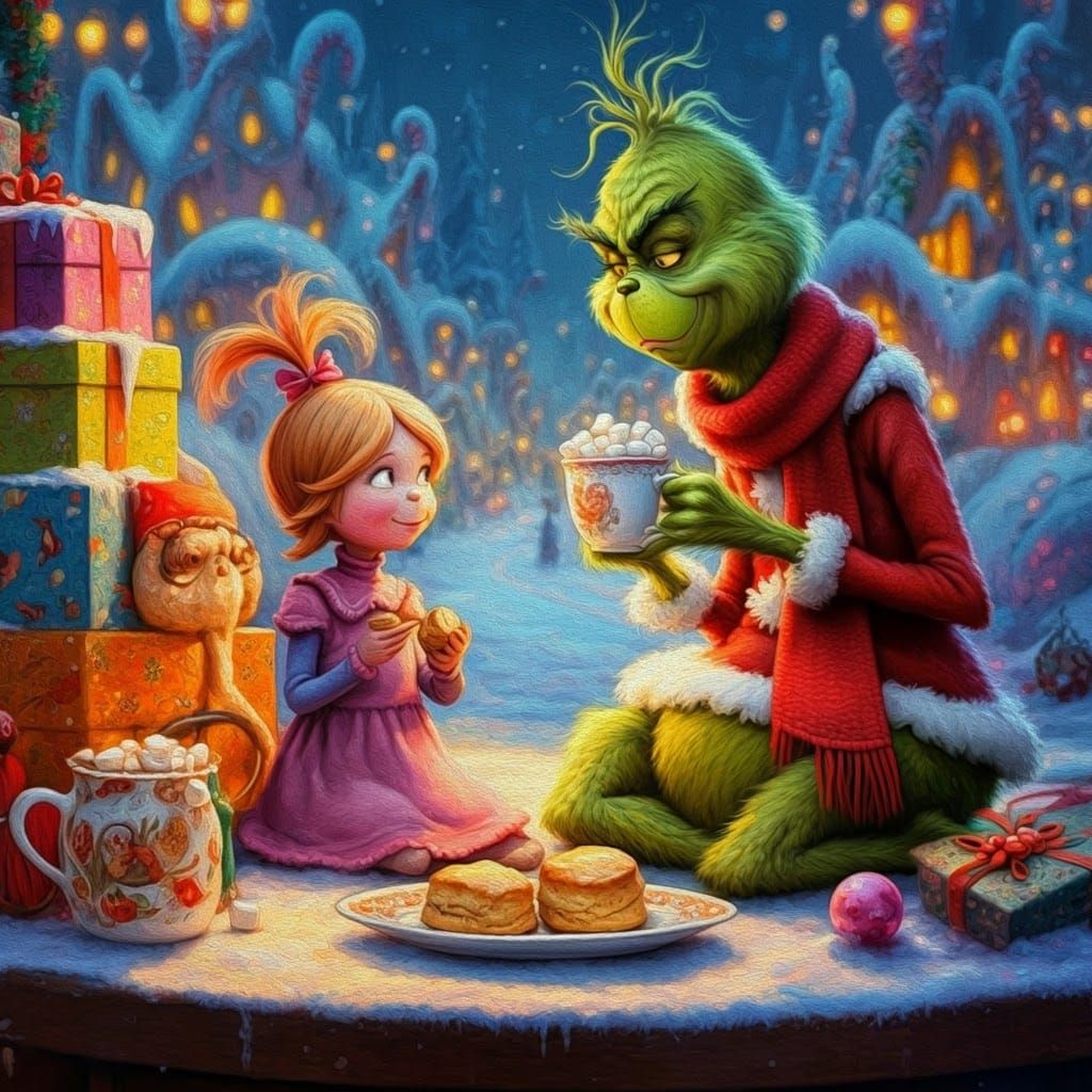 the Grinch drinking hot chocolate with mini Marshmallows and...