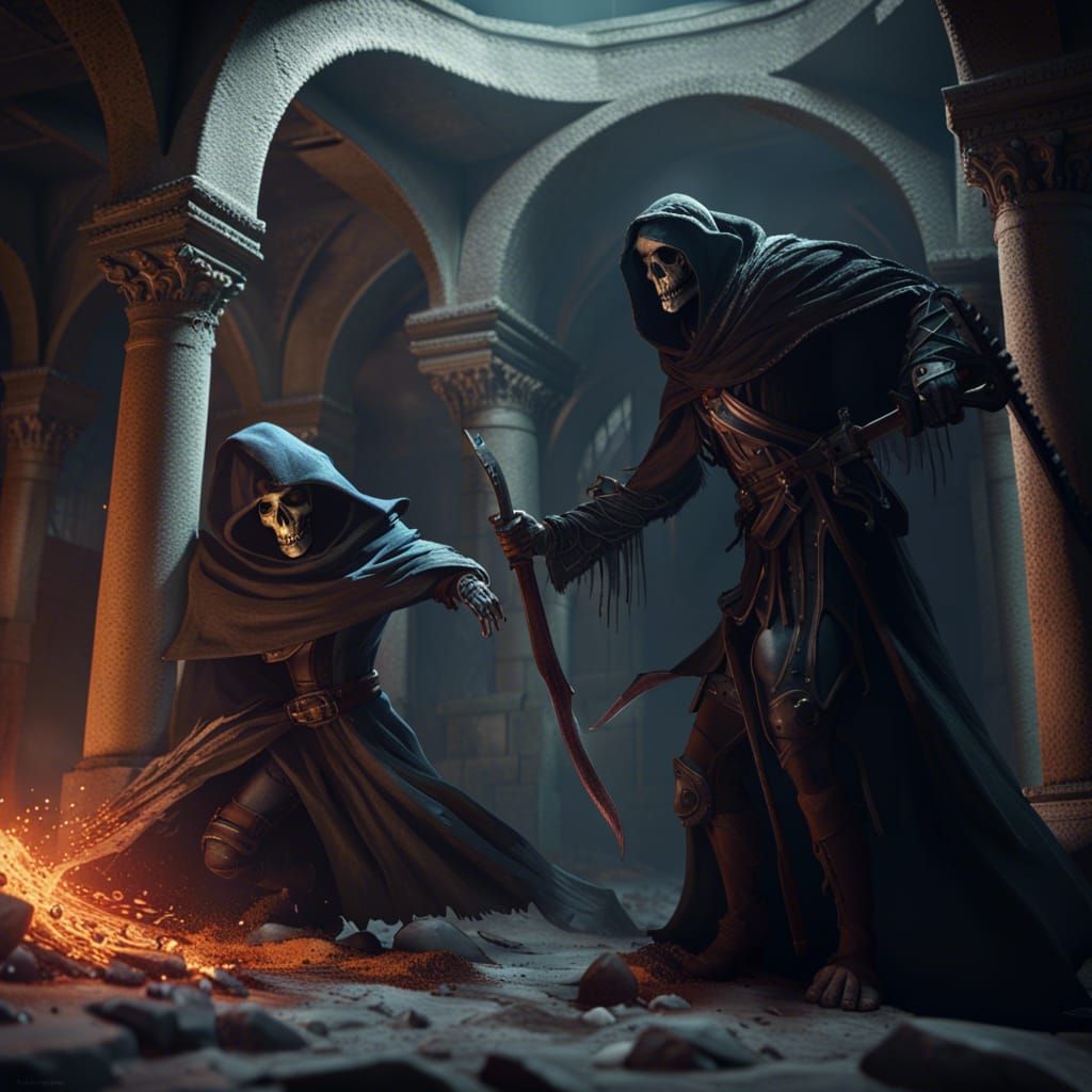 Explorer Battles Grim Reaper in Crypt: Detailed Matte Painti...