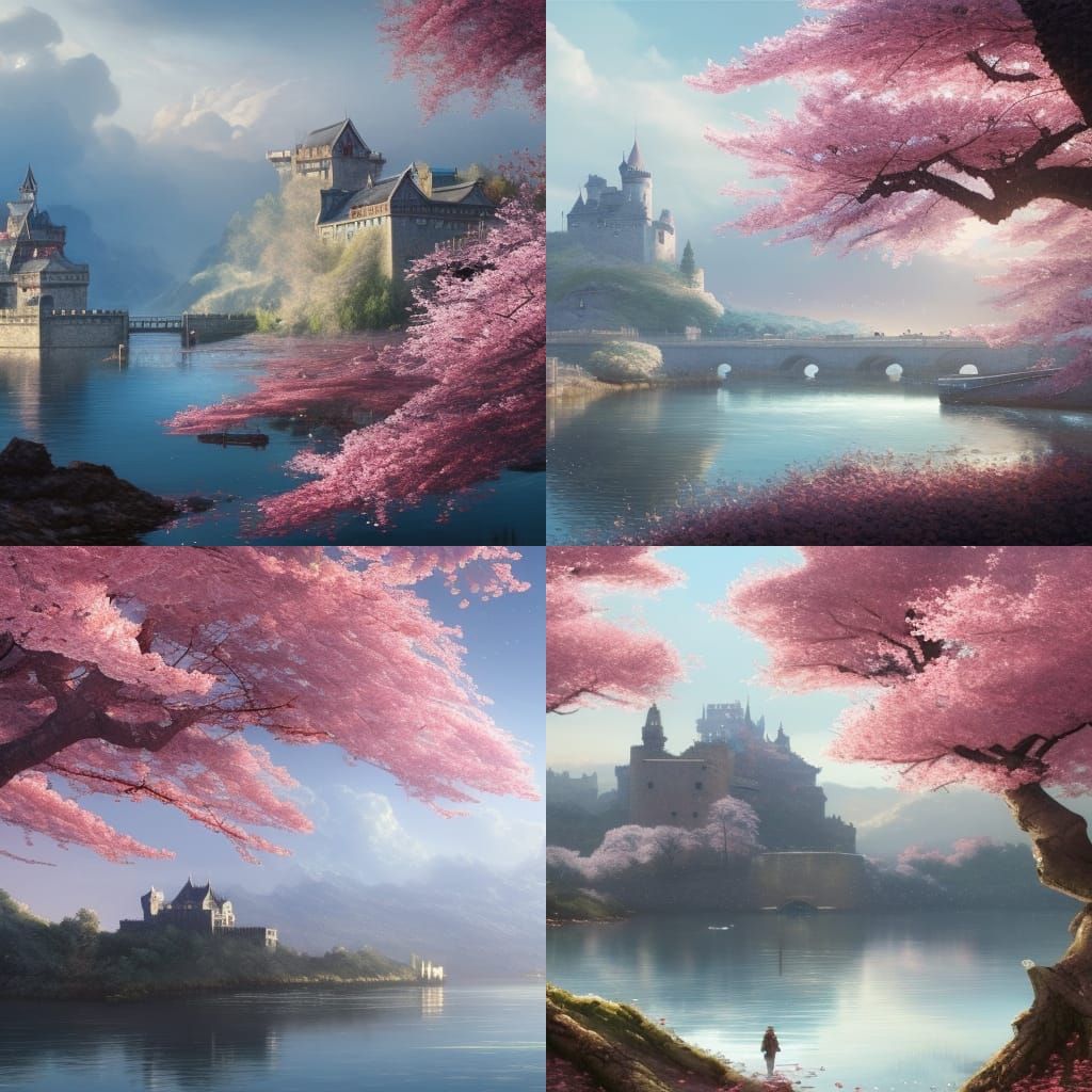 Cherry Blossom Bay with Dragons: Dark Fantasy Art