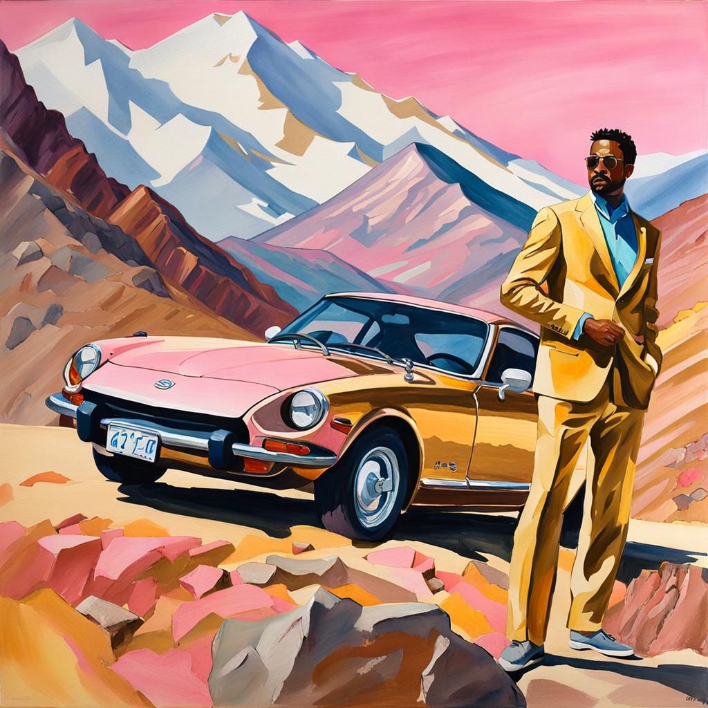 Man in Gold Suit Beside Pink Car, Gouache Style