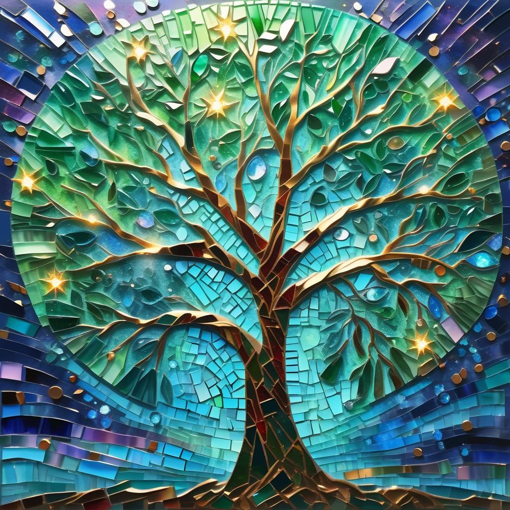 Glass Mosaic Tree in Impressionist Gouache Style