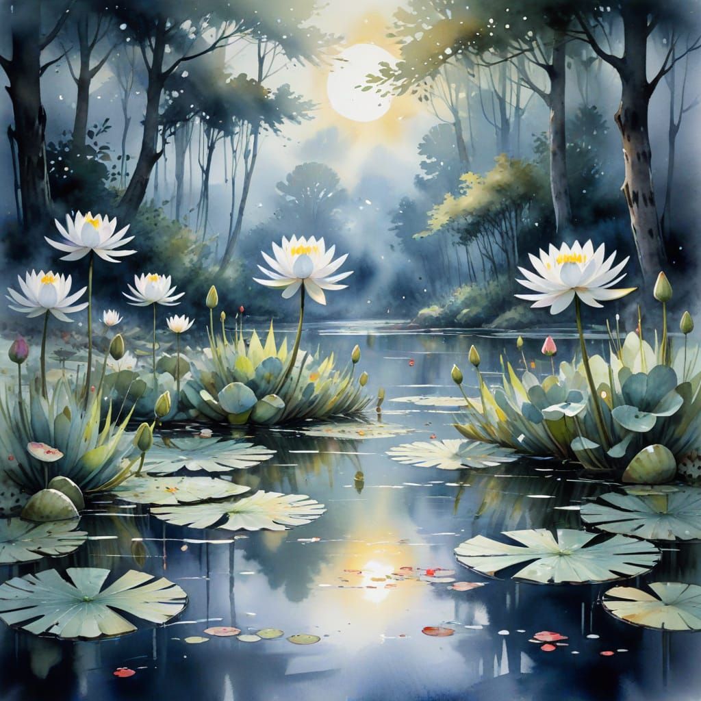 Moonlit Forest Lake with Will-o'-the-Wisps: Watercolor Art