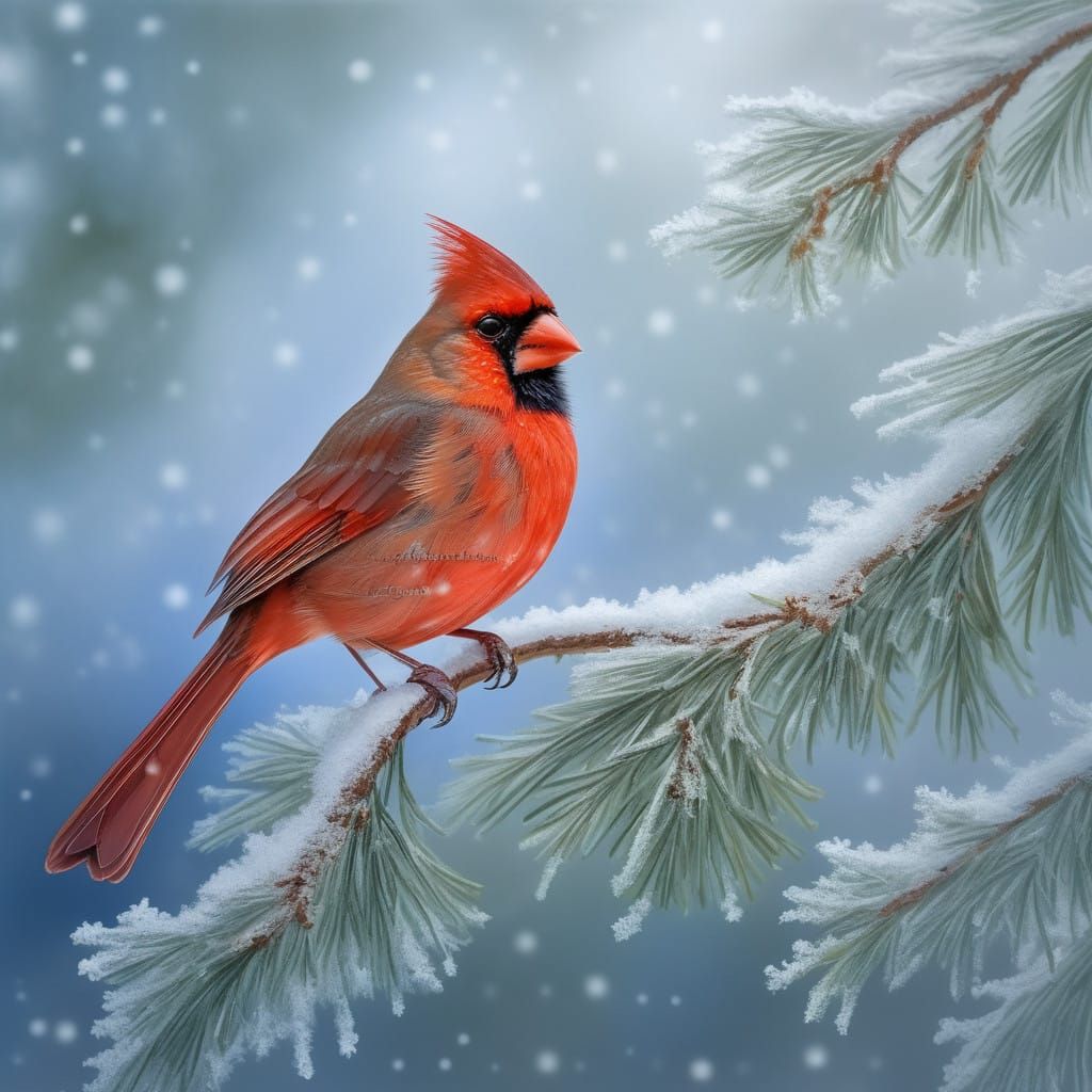 Winter Cardinal in Snowy Evergreen Landscape