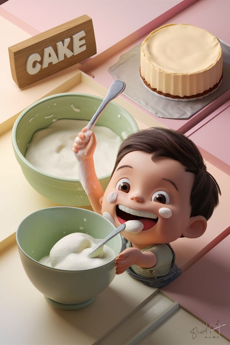 Boy Baking Cheesecake in Pixar-Style 3D Illustration