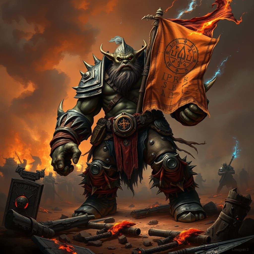 Orc Warrior Stands Defiant on War-Torn Battlefield