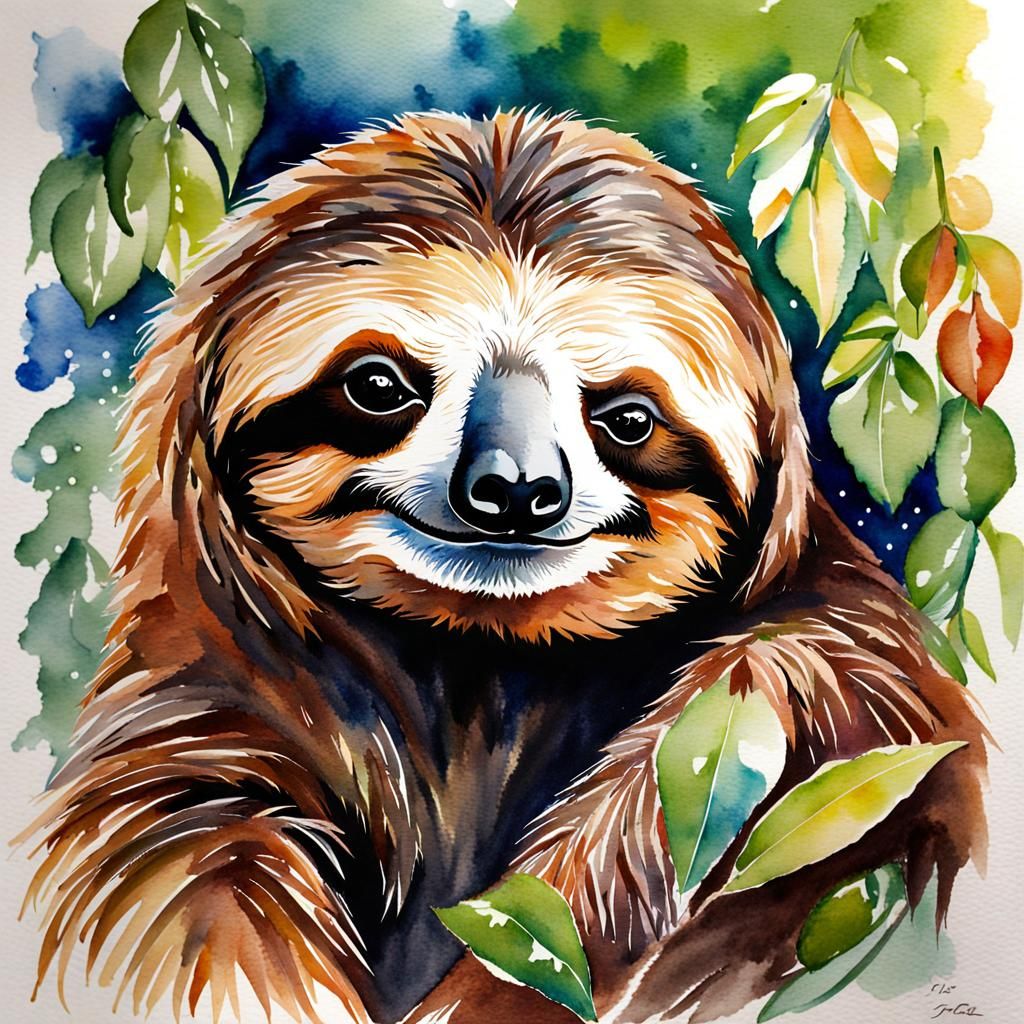 Sleepy Sloth in Watercolor Scumbling Style
