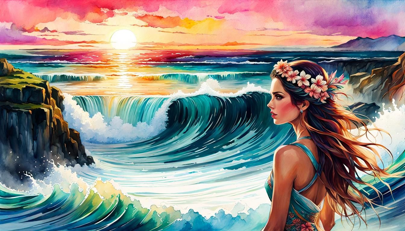 Queen of Crashing Waves: Digital Watercolor Summerscape