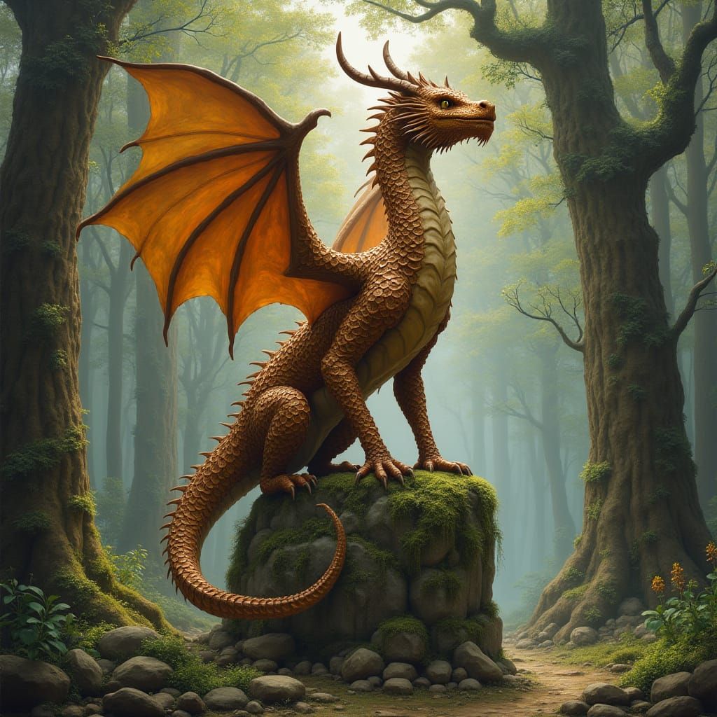 Wooden Dragon on Stone Pillar, Australian Tonalism