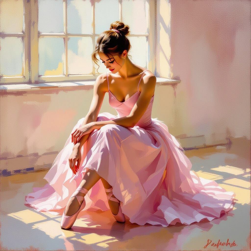 Ballerina Tying Shoe in Sunlit Studio as Poppyseed Oil Paint...