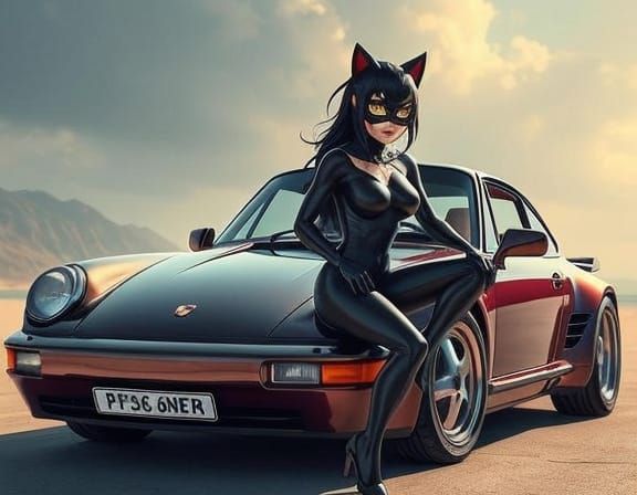 Cyborg Woman, Black Cat and Porsche in Cyberpunk Style