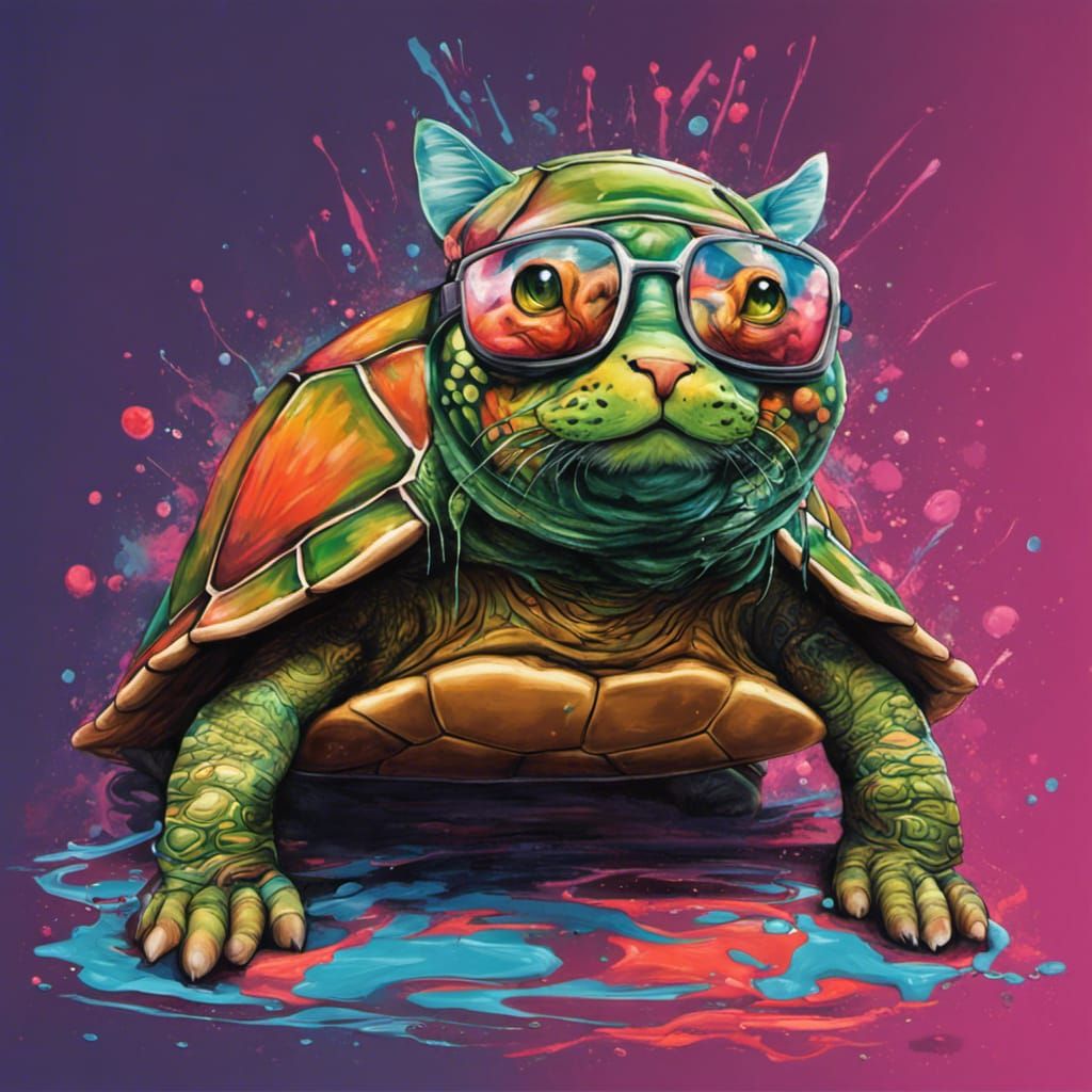 Turtle Cat Graffiti Art in Polychromatic Colors